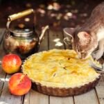 Home 20 Cat smelling a peach pie on wooden table with fresh fruits, kettle, fork and knife.