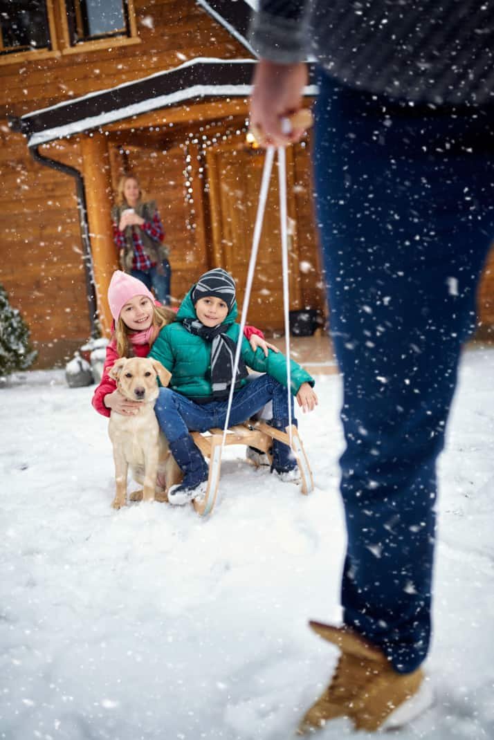 Winterlich gekleidete Kinder auf einem Schlitten mit einem Hund, der von einem Mann gezogen wird