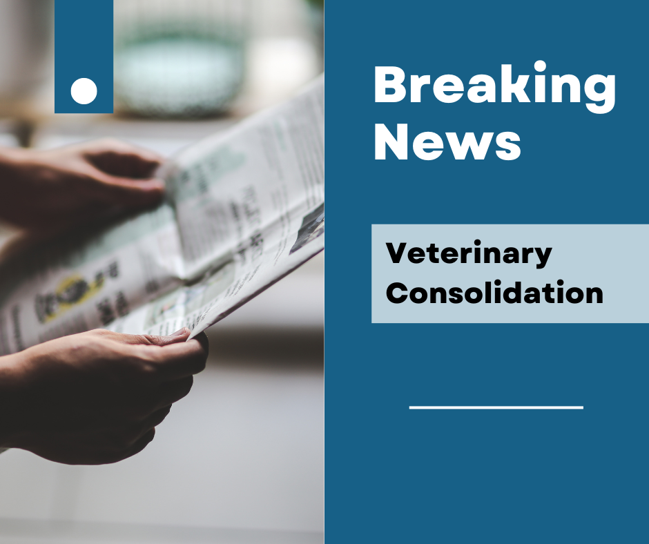 veterinary consolidation breaking news graphic -- photo of hands holding a newspaper on the left, and then text on the right